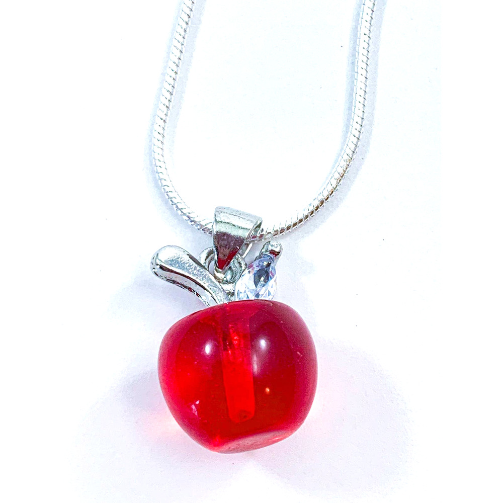 Red Glass Apple Pendant with Rhinestone Leaf - Sterling Silver Plated Chain